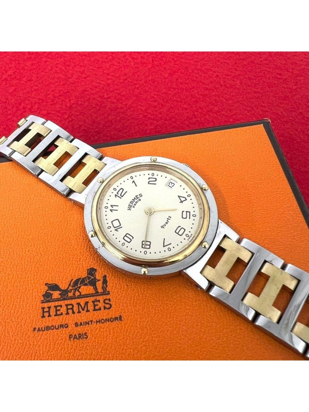 Hermes Clipper Stainless Quartz Watch Wrist Silver Gold